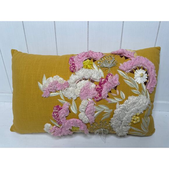 Magaschoni Decorative Throw Pillow 20x13 Gold Boho 3D Floral/Embroidered Design - Picture 1 of 4